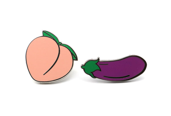 Peach emoji with eggplant emoji pins